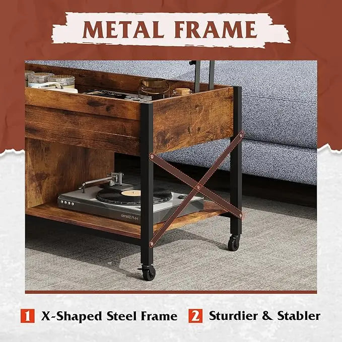 WLIVE Coffee Table, Lift Top Coffee Table with Hidden Compartment, 4 in 1 Multi-Function Coffee Tables with 4 Wheels for Living Room, Mid-Century Lift Tabletop Dining Table, Rustic Brown - LeafyLoom