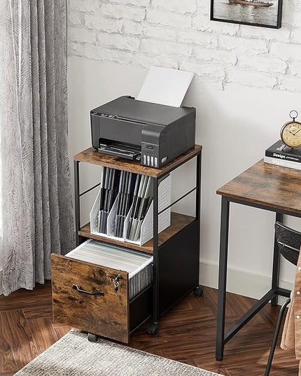 VASAGLE Filing Cabinet for Home Office, Printer Cabinet, Rolling File Cabinet with Drawer and Lock, for Suspended Folder, A4 and Letter Sized Documents, Industrial, Rustic Brown and Black UOFC044B01 - LeafyLoom