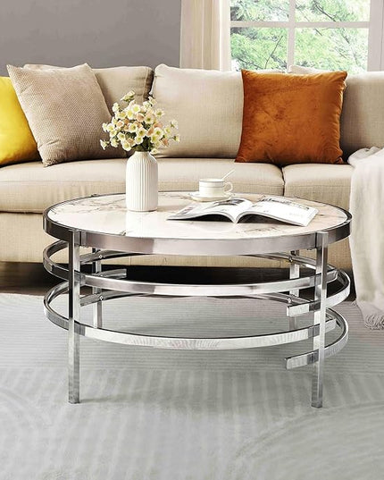 Round Coffee Table Coffee Tables for Living Room Sintered Stone Marble Top Sturdy Metal Frame (Silver, 31.50 inches) - LeafyLoom