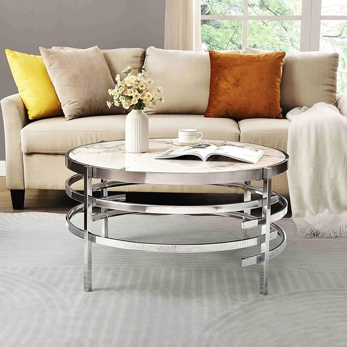 Round Coffee Table Coffee Tables for Living Room Sintered Stone Marble Top Sturdy Metal Frame (Silver, 31.50 inches) - LeafyLoom
