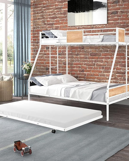 Twin over Full Bunk Bed with Trundle,Heavy-duty Sturdy Metal,Noise Reduced,Safety Guardrail,Wooden Decoration,Convenient-Trundle,Bunk-Bed for Three,CPC Certified,No Box Spring Needed,White - LeafyLoom