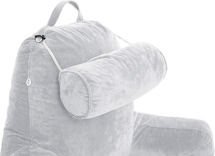 Husband Pillow XXL Light Grey Backrest with Arms - Adult Reading Pillow Shredded Memory Foam, Ultra-Comfy Removable Microplush Cover & Detachable Neck Roll, Unmatched Support Sit Up Bed Rest Chair - LeafyLoom