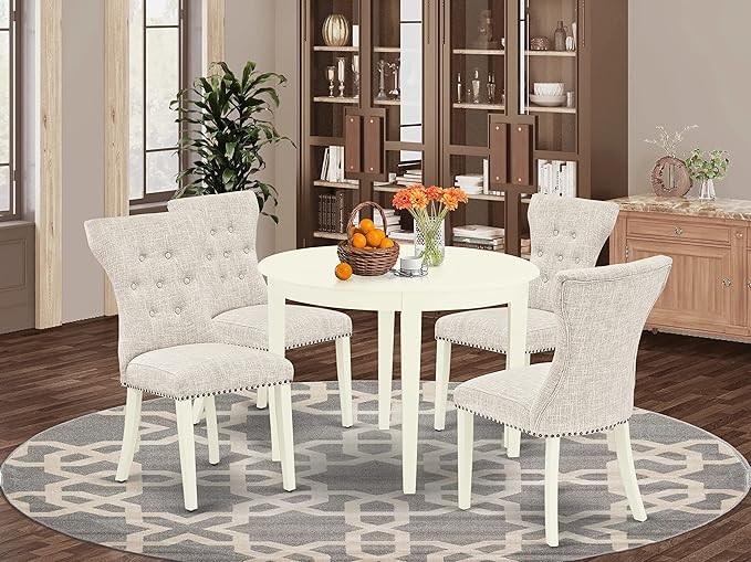 East West Furniture BOGA5-WHI-35 Boston 5 Piece Kitchen Set for 4 Includes a Round Room Table and 4 Doeskin Fabric Parsons Dining Chairs, Linen White, 42x42 Inch - LeafyLoom