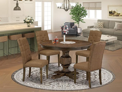 East West Furniture F3EL5-718 Ferris 5 Piece Modern Set Includes a Round Wooden Table with Pedestal and 4 Brown Linen Fabric Parsons Dining Chairs, 48x48 Inch - LeafyLoom