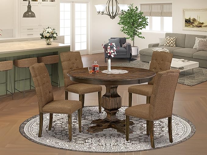 East West Furniture F3EL5-718 Ferris 5 Piece Modern Set Includes a Round Wooden Table with Pedestal and 4 Brown Linen Fabric Parsons Dining Chairs, 48x48 Inch - LeafyLoom