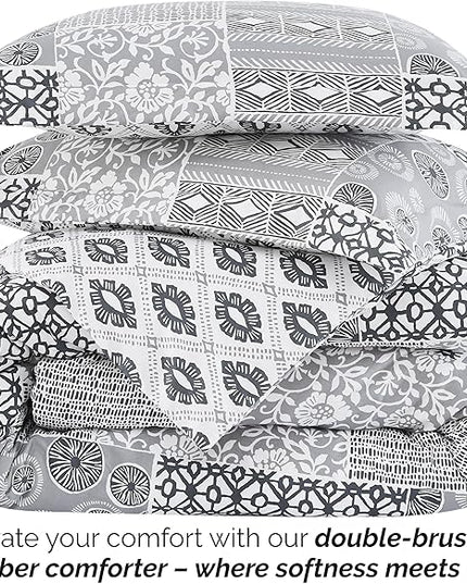 Southshore Fine Living, Inc. Full/Queen Size Comforter Bedding Set with Pillow Shams, Reversible Global Patchwork Quilt is 2 Colors in 1 - Alternative Down Comforter Queen/Full, Grey & White - LeafyLoom