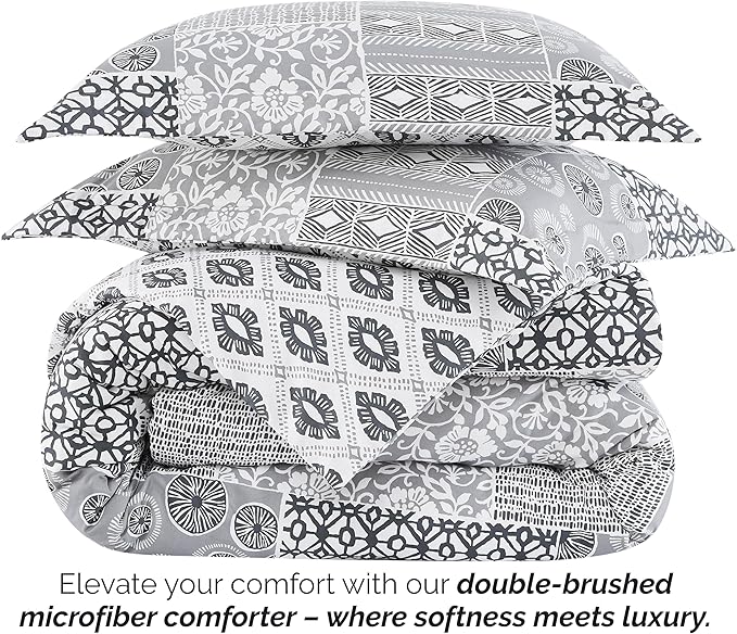 Southshore Fine Living, Inc. Full/Queen Size Comforter Bedding Set with Pillow Shams, Reversible Global Patchwork Quilt is 2 Colors in 1 - Alternative Down Comforter Queen/Full, Grey & White - LeafyLoom