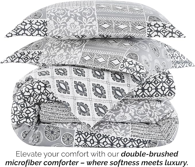 Southshore Fine Living, Inc. King Size Comforter Set with 2 Pillow Shams, Reversible Global Patchwork Quilt is 2 Colors in 1 - Alternative Down Comforter King/Cal King, Ultra Soft, Grey & White - LeafyLoom