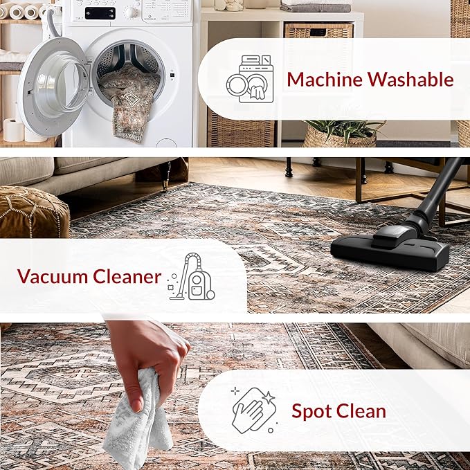 nuLOOM 2x8 Machine Washable Rain Haven Vintage Medallion Area Rug, Rust, Traditional Faded Design, Non-Slip Backing, Stain Resistant, For Bedroom, Dining Room, Living Room, Kitchen - LeafyLoom