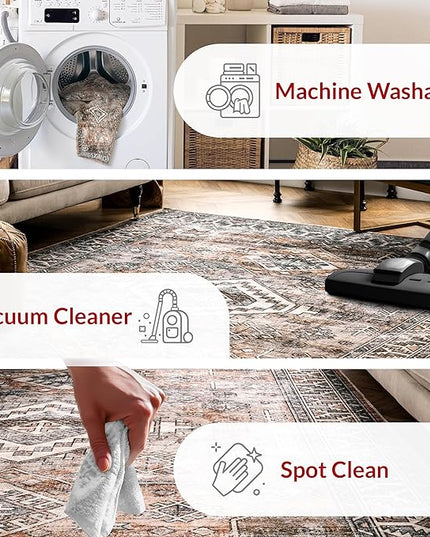 nuLOOM 4x6 Machine Washable Rain Haven Vintage Medallion Area Rug, Rust, Traditional Faded Design, Non-Slip Backing, Stain Resistant, For Bedroom, Dining Room, Living Room, Kitchen - LeafyLoom