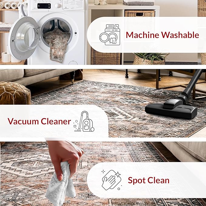 nuLOOM 4x6 Machine Washable Rain Haven Vintage Medallion Area Rug, Rust, Traditional Faded Design, Non-Slip Backing, Stain Resistant, For Bedroom, Dining Room, Living Room, Kitchen - LeafyLoom