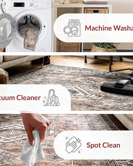 nuLOOM 6 Square Machine Washable Rain Haven Vintage Medallion Area Rug, Rust, Traditional Faded Design, Non-Slip Backing, Stain Resistant, For Bedroom, Dining Room, Living Room, Kitchen - LeafyLoom