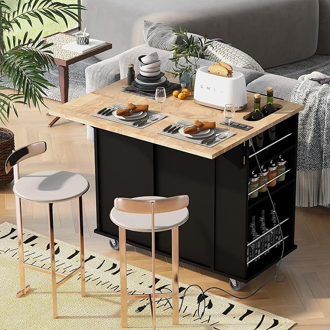 Kitchen Island with Storage, Rolling Table on Wheels w/Power Outlet, Drop Leaf and Rubber Wood Contertop, Wine Rack for Dinning Room - LeafyLoom
