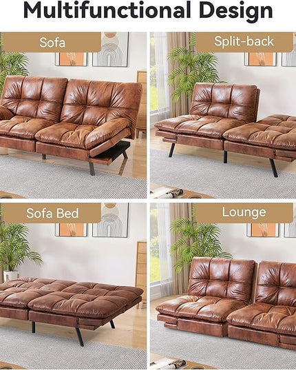 Memory Foam Faux Leather Futon Sofa Bed Couch,Convertible Futon Sofa Couch,Loveseat Sleeper Sofa Bed,Small Splitback Modern Sofa Bed for Living Room,Office,Apartment,Brown - LeafyLoom