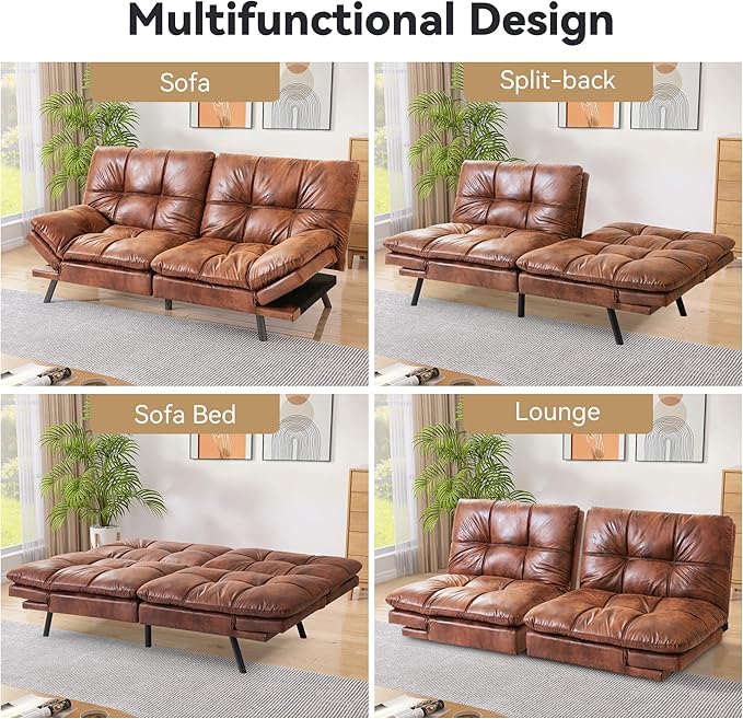 Memory Foam Faux Leather Futon Sofa Bed Couch,Convertible Futon Sofa Couch,Loveseat Sleeper Sofa Bed,Small Splitback Modern Sofa Bed for Living Room,Office,Apartment,Brown - LeafyLoom