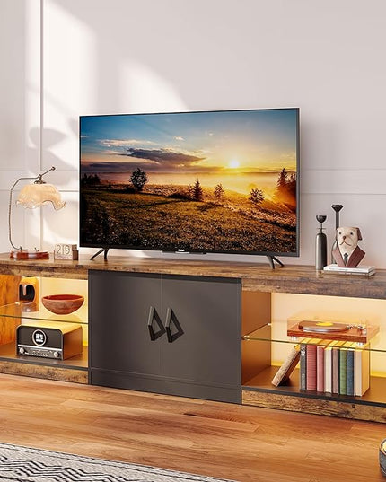 Bestier 70 Inch Led TV Stand for 75 Inch TV Large Entertainment Center Gaming with Adjustable Glass Shelves Two Cabinets Modern TV Console for Living Room 22 RGB Modes, Rustic Brown - LeafyLoom