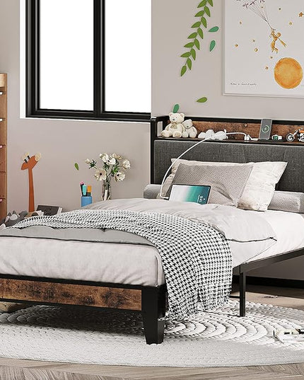 LIKIMIO Twin Bed Frames, Storage Headboard with Charging Station, Solid and Stable, Noise Free, No Box Spring Needed, Easy Assembly - LeafyLoom
