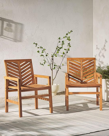 Walker Edison 2 Piece Outdoor Patio Chevron Wood Chair Set All Weather Backyard Conversation Garden Poolside Balcony, Set of 2, Brown - LeafyLoom
