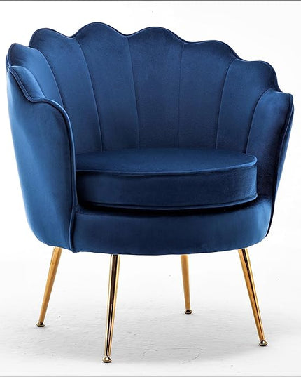 Velvet Barrel Accent Chair with Scalloped Silhouette and Gold Metal Legs, Decorative Piece Suitable for Traditional, Modern, and Contemporary Spaces, Navy Blue - LeafyLoom