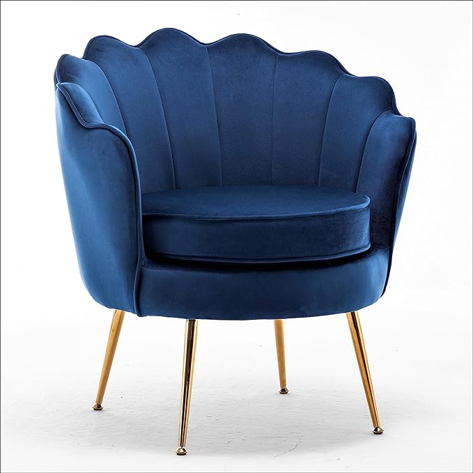 Velvet Barrel Accent Chair with Scalloped Silhouette and Gold Metal Legs, Decorative Piece Suitable for Traditional, Modern, and Contemporary Spaces, Navy Blue - LeafyLoom