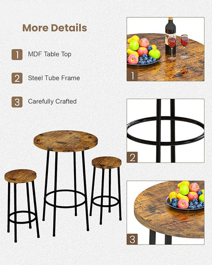 Recaceik 3 Piece Pub Dining Set, Modern Round bar Table and Stools for 2 Kitchen Counter Height Wood Top Bistro Easy Assemble for Breakfast Nook Living Room Small Space Restaurant, Rustic Brown 23 - LeafyLoom