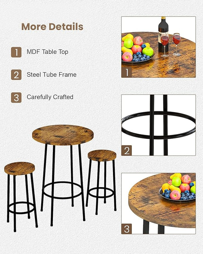 Recaceik 3 Piece Pub Dining Set, Modern Round bar Table and Stools for 2 Kitchen Counter Height Wood Top Bistro Easy Assemble for Breakfast Nook Living Room Small Space Restaurant, Rustic Brown 23 - LeafyLoom