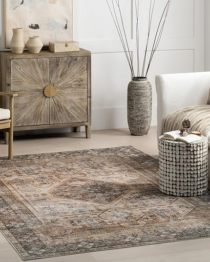 nuLOOM Devin Machine Washable Vintage Medallion Ultra Thin Accent Rug, 2' x 3', Light Brown - LeafyLoom