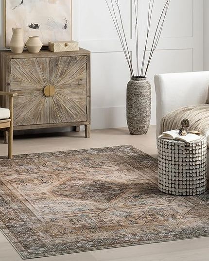 nuLOOM Devin Machine Washable Vintage Medallion Ultra Thin Area Rug, 5' x 8', Light Brown - LeafyLoom