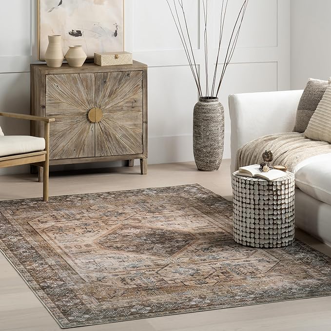 nuLOOM Devin Machine Washable Vintage Medallion Ultra Thin Area Rug, 4' x 6', Light Brown - LeafyLoom