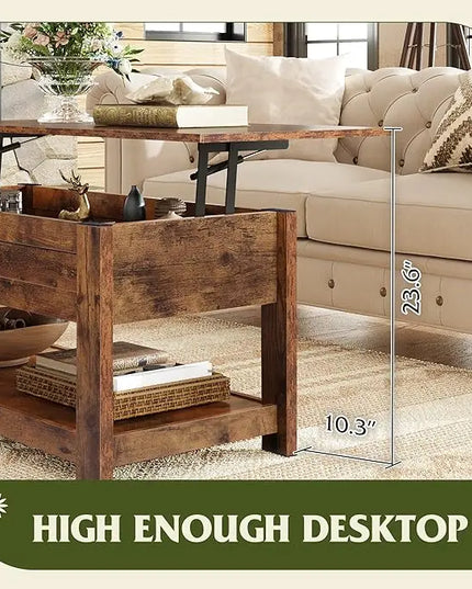 WLIVE Coffee Table, 39" Lift Top Coffee Table with Hidden Compartment and Storage Shelf for Living Room, Rustic Brown - LeafyLoom