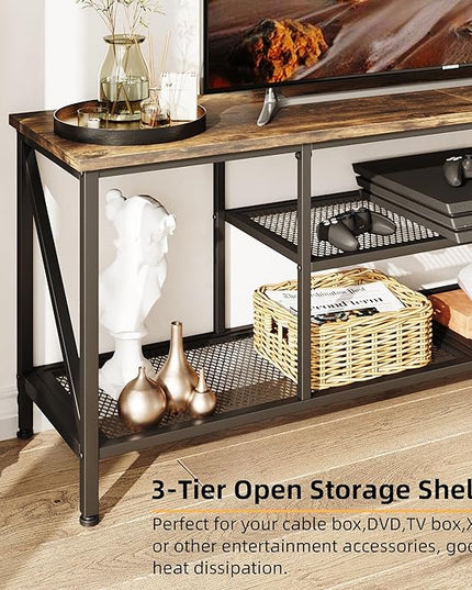 TV Stand for 70 Inch TV, 63" Entertainment Center for 50/55/60/65/70 Inch TV, Modern 3-Tier Open Storage Shelves, Industrial Long TV Media Console Table for Living Room, Bedroom, Rustic Brown - LeafyLoom