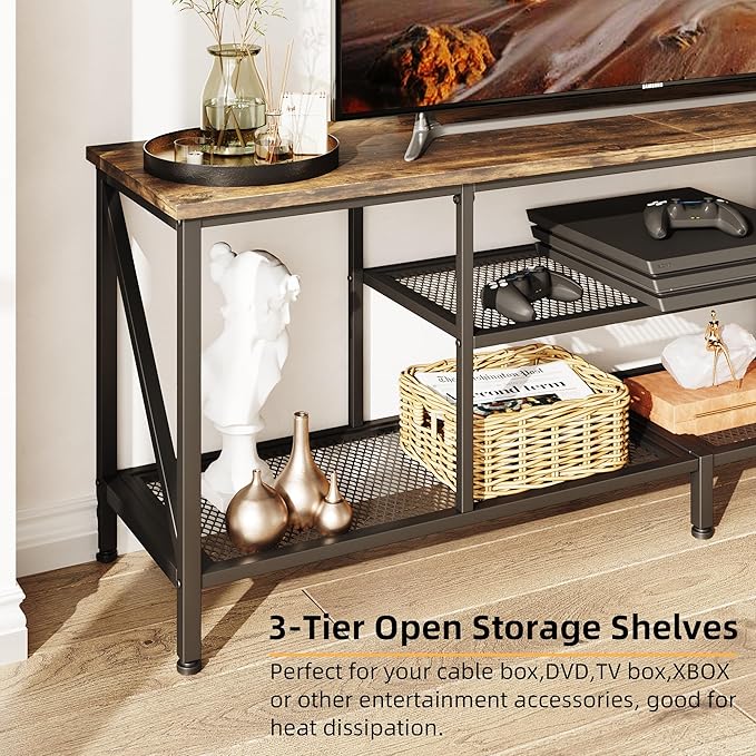 TV Stand for 70 Inch TV, 63" Entertainment Center for 50/55/60/65/70 Inch TV, Modern 3-Tier Open Storage Shelves, Industrial Long TV Media Console Table for Living Room, Bedroom, Rustic Brown - LeafyLoom