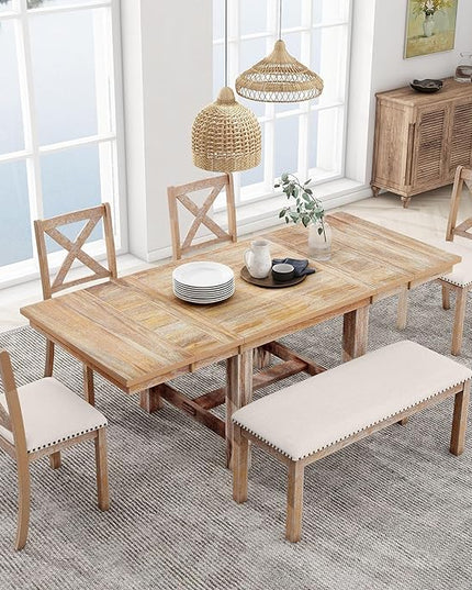 82 Inch Dining Table Set for 6, Extendable Dining Table with Footrest, 4 Upholstered Dining Chairs and Bench,Two 11" Removable Leaf, Kitchen Table Set for Living Room, Natural+Beige - LeafyLoom