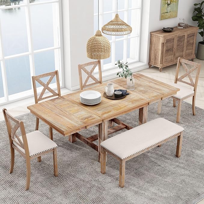 82 Inch Dining Table Set for 6, Extendable Dining Table with Footrest, 4 Upholstered Dining Chairs and Bench,Two 11" Removable Leaf, Kitchen Table Set for Living Room, Natural+Beige - LeafyLoom