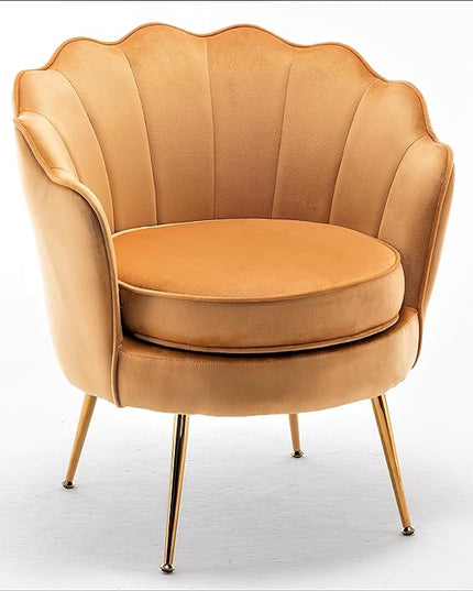Velvet Barrel Accent Chair with Scalloped Silhouette and Gold Metal Legs, Decorative Piece Suitable for Traditional, Modern, and Contemporary Spaces, Mustard Yellow - LeafyLoom