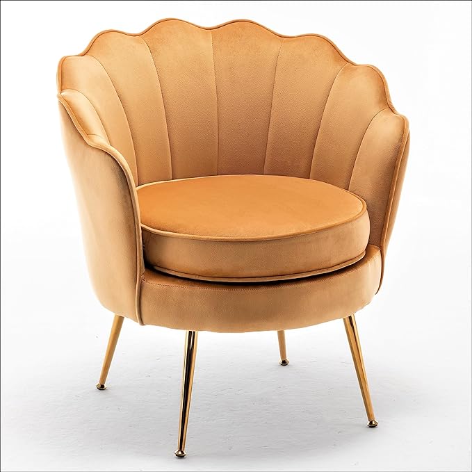Velvet Barrel Accent Chair with Scalloped Silhouette and Gold Metal Legs, Decorative Piece Suitable for Traditional, Modern, and Contemporary Spaces, Mustard Yellow - LeafyLoom