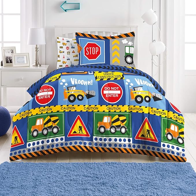 dream FACTORY Kids 5-Piece Complete Set Easy-Wash Super Soft Microfiber Comforter Bedding, Twin, Navy Blue Under Construction - LeafyLoom