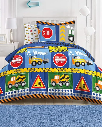 dream FACTORY Under Construction 7-Piece Microfiber Bag Comforter Bedding Set Super Soft-Full, Navy Blue,2D871902NY - LeafyLoom