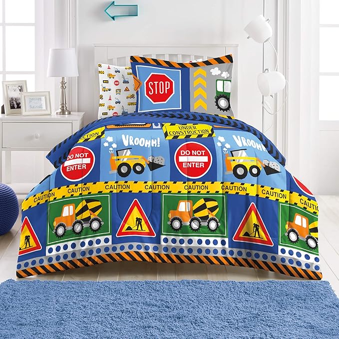 dream FACTORY Under Construction 7-Piece Microfiber Bag Comforter Bedding Set Super Soft-Full, Navy Blue,2D871902NY - LeafyLoom