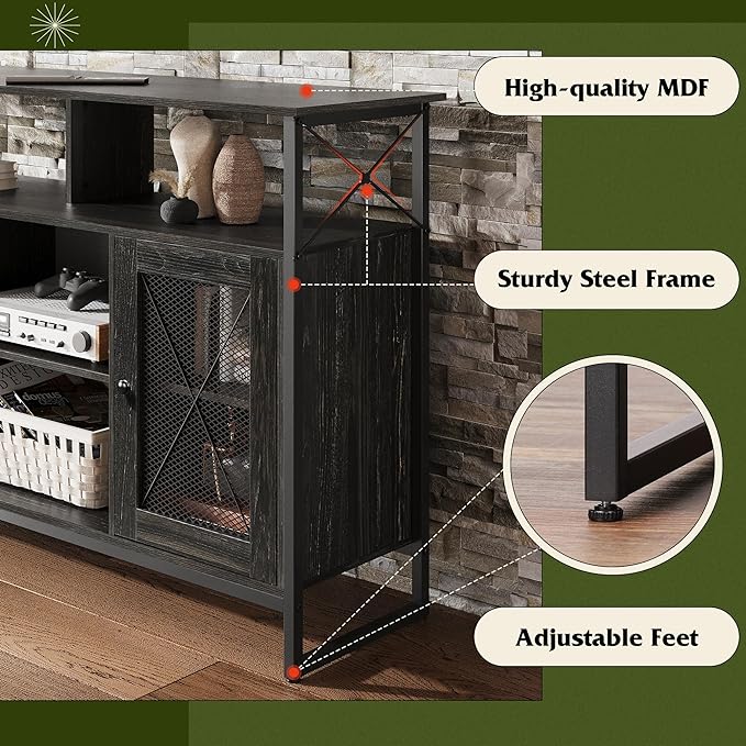 WLIVE TV Stand 55 inch TV,Tall Entertainment Center with Storage, Farmhouse Industrial TV Console for Bedroom Living Room, Charcoal Black - LeafyLoom