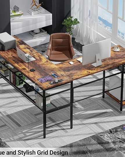 Reversible L Shaped Gaming Desk with Magic Power Outlets, 55 Inch Large Corner Computer Desk, Sturdy Home Office Table with Storage Shelf, Attractive Grid Design Writing Desk, Rustic Brown - LeafyLoom