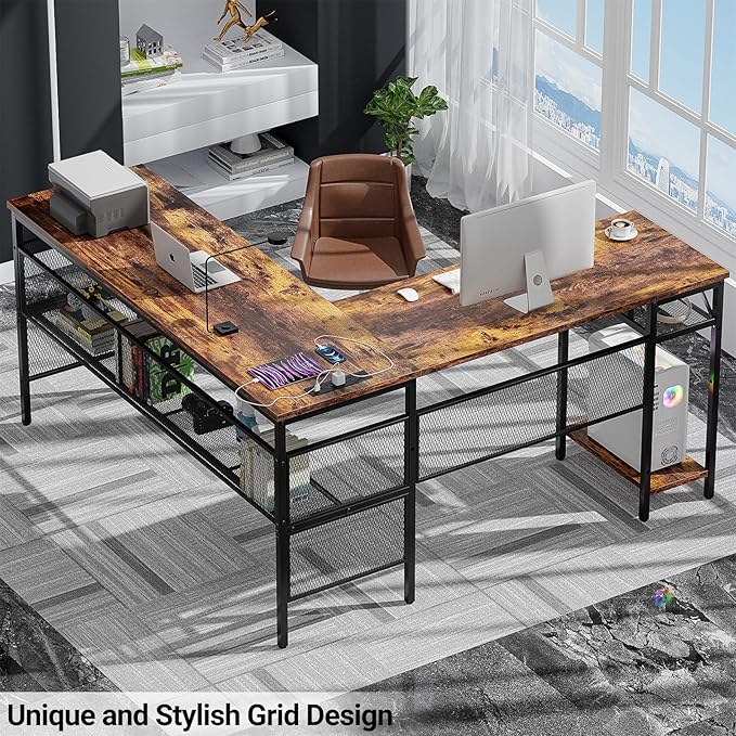 Reversible L Shaped Gaming Desk with Magic Power Outlets, 55 Inch Large Corner Computer Desk, Sturdy Home Office Table with Storage Shelf, Attractive Grid Design Writing Desk, Rustic Brown - LeafyLoom