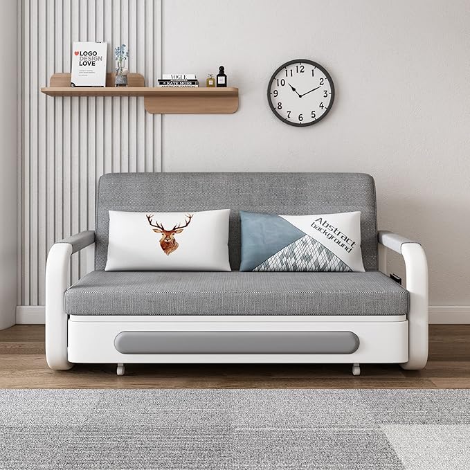 62" Modern Light Gray Cotton Linen Upholstered Convertible Pull Out Sofa Bed Storage - LeafyLoom