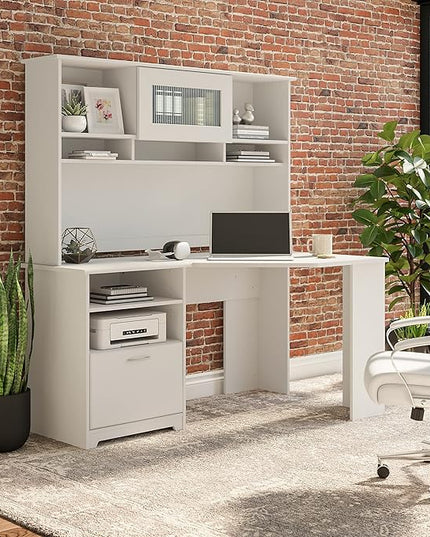 Bush Furniture Cabot 60W Corner Desk with Hutch in White - LeafyLoom