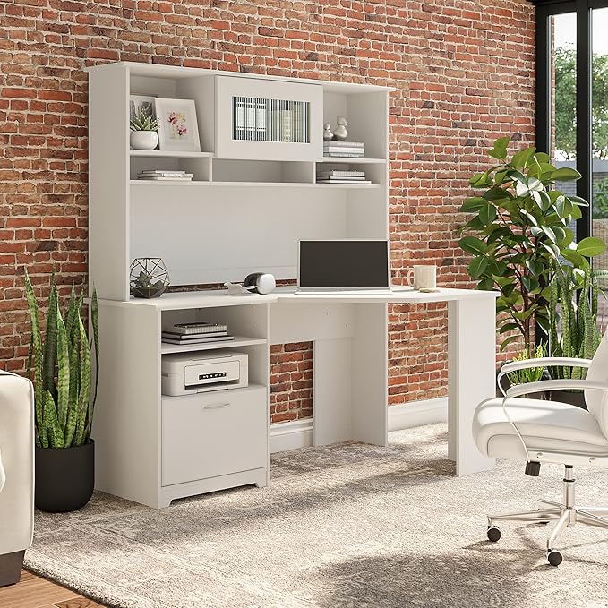 Bush Furniture Cabot 60W Corner Desk with Hutch in White - LeafyLoom