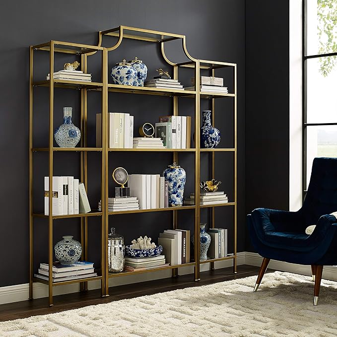 Crosley Furniture Aimee 3-Piece Etagere Bookcase Set - Gold and Glass - LeafyLoom