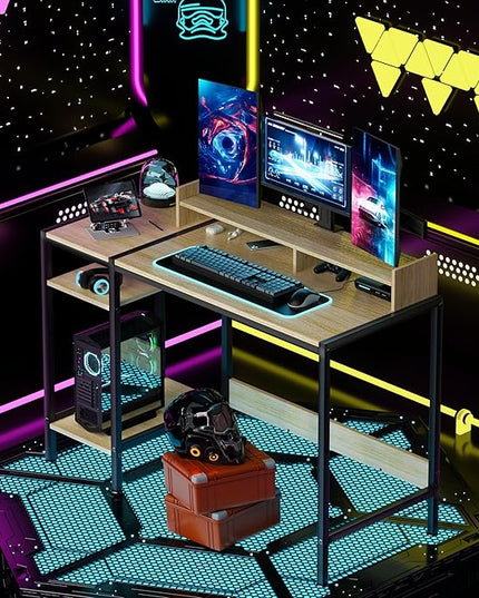 Small Computer Gaming Desk - 47” Home Office Desk with Storage, Monitor Stand for 2 Monitors, Adjustable Storage Space, Writing,Modern Design Corner Table, Beech. - LeafyLoom