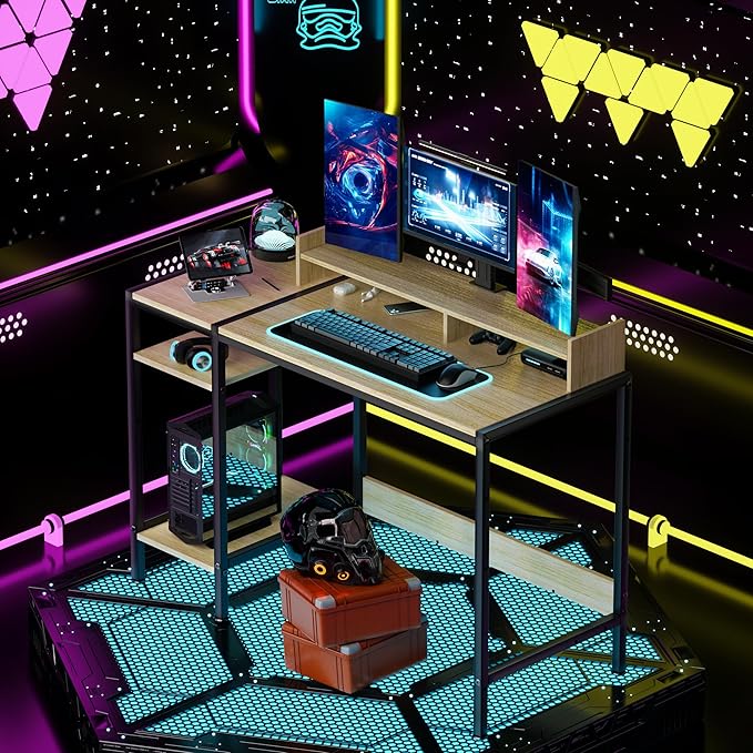 Small Computer Gaming Desk - 47” Home Office Desk with Storage, Monitor Stand for 2 Monitors, Adjustable Storage Space, Writing,Modern Design Corner Table, Beech. - LeafyLoom