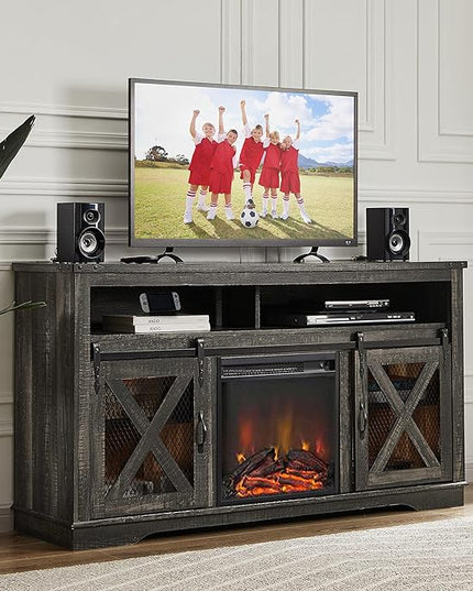 Okvnbjk Fireplace TV Stand for TVs up to 70", Entertainment Center with 18" Electric Fireplace, Farmhouse TV Stand Industrial Media Console with Sliding Barn Door for Living Room, 58 Inch, Dark Oak - LeafyLoom