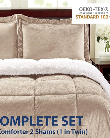 Cathay Home Bedding Sets: Ultra Soft and Plush Reversible Micromink and Sherpa 3-Piece Comforter Set, Camel, King (102" x 90") - LeafyLoom